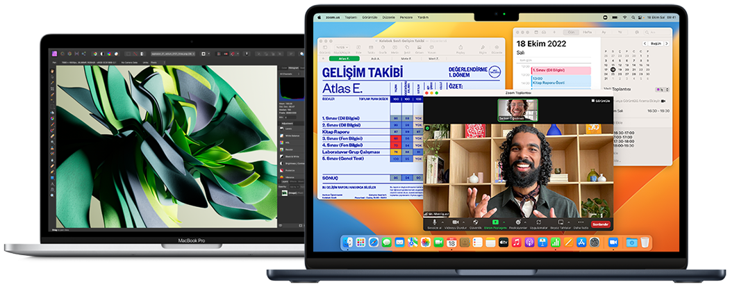 Zoom, Takvim, Numbers ve Affinity Photo 2 uygulamalarının kullanıldığı Gümüş rengi 13 inç MacBook Pro ve M2 çipli Gece Yarısı rengi MacBook Air gösteriliyor.