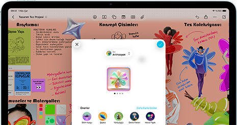 Yatay pozisyonda duran iPad Air&rsquo;in &ouml;nden dış g&ouml;r&uuml;n&uuml;m&uuml;, ses y&uuml;kseltme d&uuml;ğmesi, ses azaltma d&uuml;ğmesi, g&uuml;&ccedil; d&uuml;ğmesi, ekranda &ccedil;eşitli simgelerle renkli bir uygulama aray&uuml;z&uuml; g&ouml;steriliyor