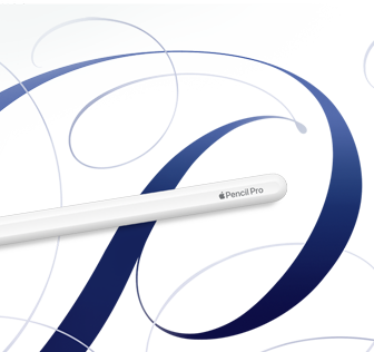 Mavi sarmal desenlerin bulunduğu beyaz bir arka planda beyaz renkte Apple Pencil Pro g&ouml;steriliyor