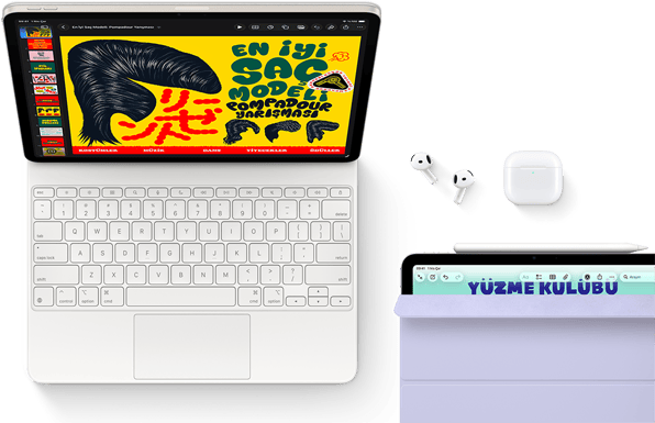 Magic&nbsp;Keyboard&rsquo;a takılı Yıldız&nbsp;Işığı rengi iPad Air&rsquo;in ekranında renkli grafikler, Airpods Pro ve Apple&nbsp;Pencil Pro aksesuarları