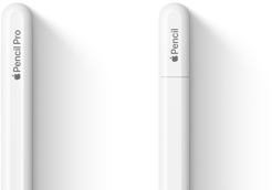 Yan yana duran Apple&nbsp;Pencil Pro ve Apple&nbsp;Pencil (USB‑C)