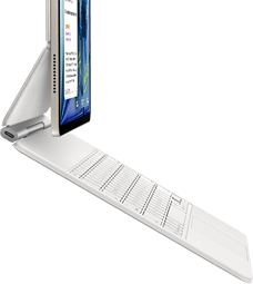 Beyaz renkte Magic&nbsp;Keyboard&rsquo;a takılı Yıldız&nbsp;Işığı rengi iPad Air&rsquo;in yandan dış g&ouml;r&uuml;n&uuml;m&uuml;