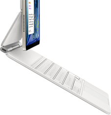 Beyaz renkte Magic&nbsp;Keyboard&rsquo;a takılı Yıldız&nbsp;Işığı rengi iPad Air&rsquo;in yandan dış g&ouml;r&uuml;n&uuml;m&uuml;