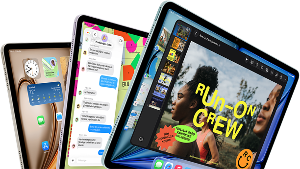 Yan yana yelpaze şeklinde dizilmiş &uuml;&ccedil; adet iPad Air&rsquo;in &ouml;nden ve yandan g&ouml;r&uuml;n&uuml;m&uuml;, Mavi, Mor ve Yıldız&nbsp;Işığı renk se&ccedil;enekleri, ekranlarında Keynote uygulaması, Mesajlar ve Ana Ekran g&ouml;steriliyor