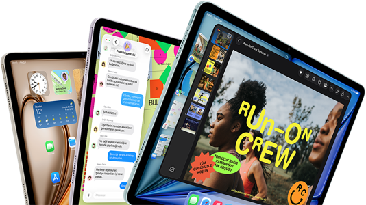 Yan yana yelpaze şeklinde dizilmiş &uuml;&ccedil; adet iPad Air&rsquo;in &ouml;nden ve yandan g&ouml;r&uuml;n&uuml;m&uuml;, Mavi, Mor ve Yıldız&nbsp;Işığı renk se&ccedil;enekleri, ekranlarında Keynote uygulaması, Mesajlar ve Ana Ekran g&ouml;steriliyor