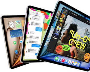 Yan yana yelpaze şeklinde dizilmiş &uuml;&ccedil; adet iPad Air&rsquo;in &ouml;nden ve yandan g&ouml;r&uuml;n&uuml;m&uuml;, Mavi, Mor ve Yıldız&nbsp;Işığı renk se&ccedil;enekleri, ekranlarında Keynote uygulaması, Mesajlar ve Ana Ekran g&ouml;steriliyor
