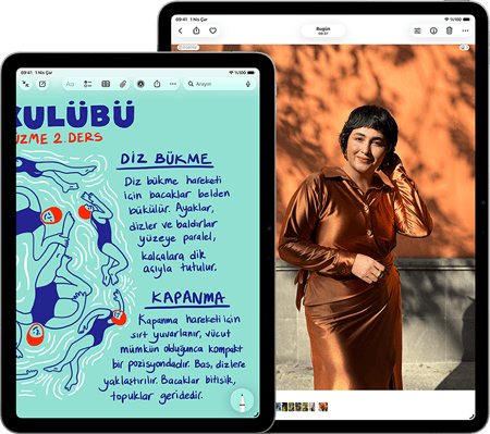 11 in&ccedil; ve 13 in&ccedil; boyutlarında iki adet iPad Air; 11 in&ccedil; iPad Air ekranında Notlar uygulamasında renkli bir metin g&ouml;steriliyor, 13 in&ccedil; iPad Air ekranında Fotoğraflar uygulamasında bir kişinin fotoğrafı g&ouml;steriliyor