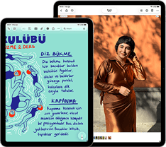 11 in&ccedil; ve 13 in&ccedil; boyutlarında iki adet iPad Air; 11 in&ccedil; iPad Air ekranında Notlar uygulamasında renkli bir metin g&ouml;steriliyor, 13 in&ccedil; iPad Air ekranında Fotoğraflar uygulamasında bir kişinin fotoğrafı g&ouml;steriliyor