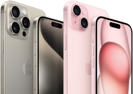 Natürel Titanyum renkli iPhone 15 Pro ile Pembe iPhone 15’in önden ve arkadan görünümü