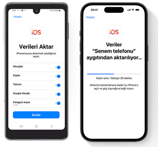 iOS’e Taşı uygulamasıyla Android bir telefondan iPhone’a veri aktarımı yapıldığı gösteriliyor