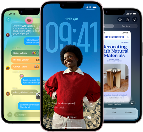 &Uuml;&ccedil; adet iPhone 17e aygıtı, ekranlarında Liquid Glass tasarımlı Mesajlar uygulaması, dinamik Kilit Ekranı ve kullanılmakta olan G&ouml;rsel Zeka g&ouml;steriliyor