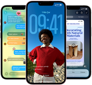 &Uuml;&ccedil; adet iPhone 17e aygıtı, ekranlarında Liquid Glass tasarımlı Mesajlar uygulaması, dinamik Kilit Ekranı ve kullanılmakta olan G&ouml;rsel Zeka g&ouml;steriliyor