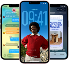 &Uuml;&ccedil; adet iPhone 17e aygıtı, ekranlarında Liquid Glass tasarımlı Mesajlar uygulaması, dinamik Kilit Ekranı ve kullanılmakta olan G&ouml;rsel Zeka g&ouml;steriliyor