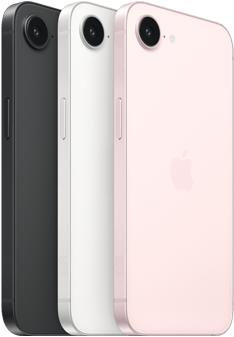 iPhone 17e, yandan ve arkadan dış g&ouml;r&uuml;n&uuml;m, siyah renk, yandan ve arkadan dış g&ouml;r&uuml;n&uuml;m, beyaz renk, yandan ve arkadan dış g&ouml;r&uuml;n&uuml;m, a&ccedil;ık pembe renk, &uuml;stte Fusion kamera, yan d&uuml;ğme