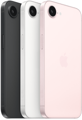iPhone 17e, yandan ve arkadan dış g&ouml;r&uuml;n&uuml;m, siyah renk, yandan ve arkadan dış g&ouml;r&uuml;n&uuml;m, beyaz renk, yandan ve arkadan dış g&ouml;r&uuml;n&uuml;m, a&ccedil;ık pembe renk, &uuml;stte Fusion kamera, yan d&uuml;ğme