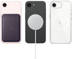 Gece yarısı moru renginde Mikro Dokuma C&uuml;zdan&rsquo;ın takılı olduğu a&ccedil;ık pembe renkte iPhone 17e, siyah renkte Silikon Kılıf&rsquo;ın ve MagSafe Şarj Aygıtı&rsquo;nın takılı olduğu siyah renkte iPhone 17e, MagSafe &ouml;zellikli Şeffaf Kılıf&rsquo;ın takılı olduğu beyaz renkte iPhone 17e