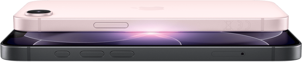 iPhone 17e, yatay pozisyonda yandan ve arkadan dış g&ouml;r&uuml;n&uuml;m, a&ccedil;ık pembe renk, iPhone 17e, yatay pozisyonda yandan ve &ouml;nden dış g&ouml;r&uuml;n&uuml;m, siyah renk