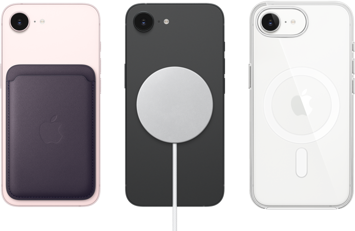 iPhone 17e, arkadan dış g&ouml;r&uuml;n&uuml;m, a&ccedil;ık pembe renk, MagSafe &ouml;zellikli Mikro Dokuma C&uuml;zdan takılı, iPhone 17e, arkadan dış g&ouml;r&uuml;n&uuml;m, siyah renk, MagSafe Şarj Aygıtı takılı, iPhone 17e, arkadan dış g&ouml;r&uuml;n&uuml;m, beyaz renk, MagSafe &ouml;zellikli Şeffaf Kılıf takılı