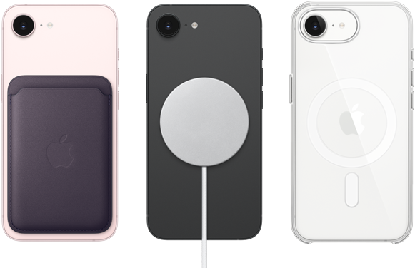 iPhone 17e, arkadan dış g&ouml;r&uuml;n&uuml;m, a&ccedil;ık pembe renk, MagSafe &ouml;zellikli Mikro Dokuma C&uuml;zdan takılı, iPhone 17e, arkadan dış g&ouml;r&uuml;n&uuml;m, siyah renk, MagSafe Şarj Aygıtı takılı, iPhone 17e, arkadan dış g&ouml;r&uuml;n&uuml;m, beyaz renk, MagSafe &ouml;zellikli Şeffaf Kılıf takılı