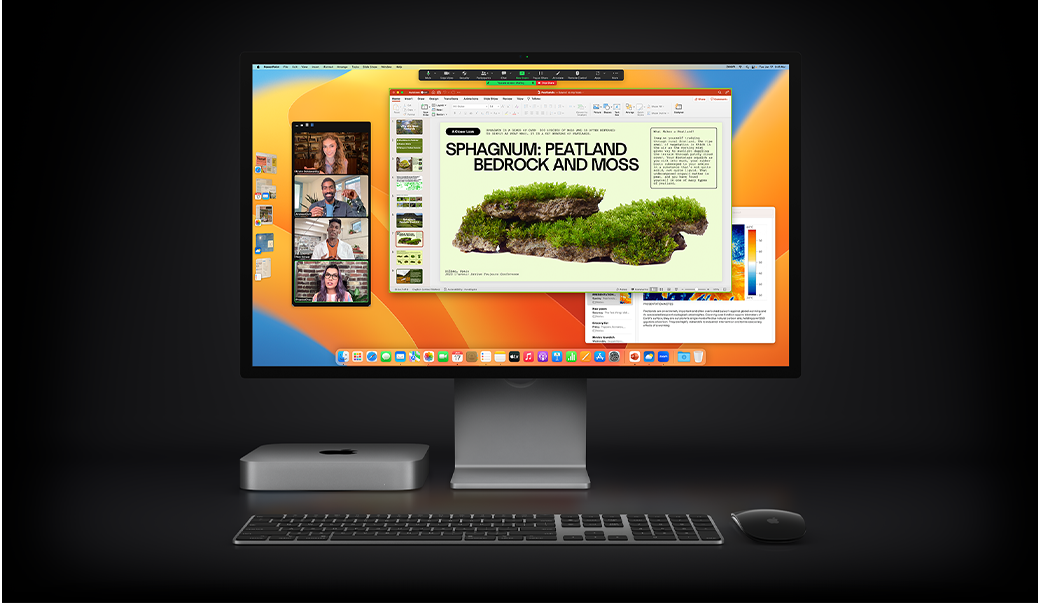 Mac mini ile Magic Mouse, Magic Keyboard ve Studio Display. Studio Display’in ekranında Zoom toplantısında paylaşılan bir Microsoft PowerPoint sunumu ve arka planda Notlar uygulaması görülüyor.