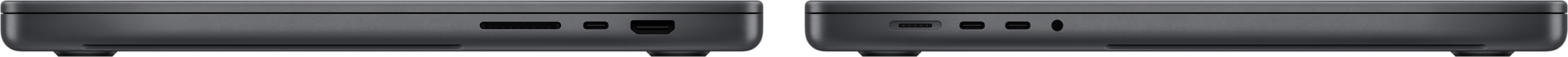MacBook Pro’nun, SDXC kart yuvası, üç adet Thunderbolt 4 bağlantı noktası, HDMI bağlantı noktası, MagSafe 3 şarj bağlantı noktası ve kulaklık jakını gösteren yandan görünümü.