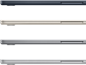 Gece Yarısı, Yıldız Işığı, Uzay Grisi ve Gümüş renk seçeneklerinin gösterildiği, kapalı durumda dört adet MacBook Air laptop
