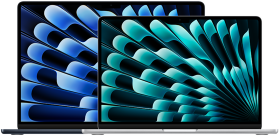 13 inç ve 15 inç MacBook Air modellerinin ekran boyutlarının önden görünümü (diyagonal olarak ölçülür)