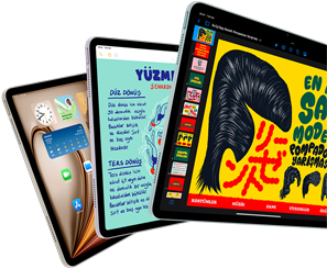 &Uuml;&ccedil; iPad Air ekranında iPadOS ve uygulama &ouml;zellikleri g&ouml;steriliyor