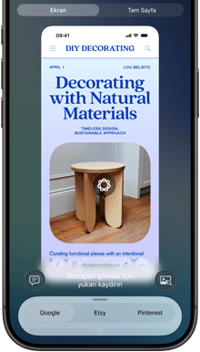 iPhone 17 Pro, önden görünüm, ekranında görsel zeka kullanılarak bir web sitesindeki mobilya görselinin tanımlandığı gösteriliyor