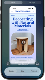 iPhone 17 Pro, önden görünüm, ekranında görsel zeka kullanılarak bir web sitesindeki mobilya görselinin tanımlandığı gösteriliyor