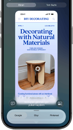 iPhone 17 Pro, önden görünüm, ekranında görsel zeka kullanılarak bir web sitesindeki mobilya görselinin tanımlandığı gösteriliyor