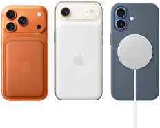 iPhone 17 Pro, arkadan dış g&ouml;r&uuml;n&uuml;m, [O7] rengi, Sienna rengi Silikon Kılıf ve MagSafe &ouml;zellikli Tilki Turuncusu rengi Mikro Dokuma C&uuml;zdan; iPhone Air, arkadan dış g&ouml;r&uuml;n&uuml;m, Pamuk Beyazı rengi, MagSafe Pil ile; iPhone 17, arkadan dış g&ouml;r&uuml;n&uuml;m, Sis Mavisi rengi, Demir Mavisi Silikon Kılıf ve MagSafe Şarj Aygıtı ile
