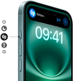 Deniz Mavisi iPhone 16’nın yanında gösterilen farklı eylem düğmesi seçeneklerinin logoları, Shazam ekranda bir şarkıyı dinliyor