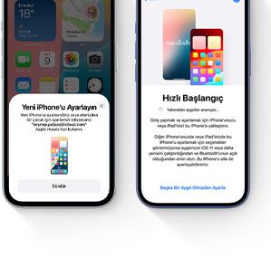 Daha eski bir iPhone’un yanında yeni bir iPhone’un kurulumu yapılıyor, veri aktarımı sırasında kullanıcıya rehberlik eden Hızlı Başlangıç özelliği kullanılıyor