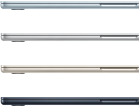 G&ouml;k Mavisi, G&uuml;m&uuml;ş, Yıldız Işığı ve Gece Yarısı renk se&ccedil;eneklerinin g&ouml;sterildiği d&ouml;rt adet MacBook Air laptop