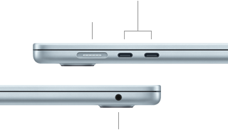 MacBook Air&rsquo;in bağlantı noktalarının yandan g&ouml;r&uuml;n&uuml;m&uuml;: sol tarafta MagSafe bağlantı noktası ve iki adet Thunderbolt&nbsp;4 bağlantı noktası; sağ tarafta kulaklık jakı