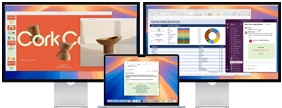 İki harici ekranın bağlı olduğu, ekranında bir&ccedil;ok uygulamanın bulunduğu a&ccedil;ık halde bir MacBook Air